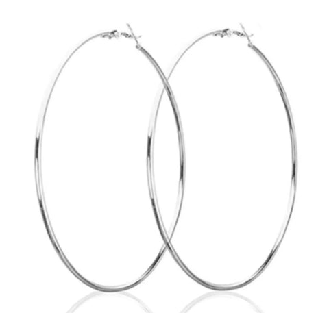 7cm Classic Stainless Steel Thin Shiny Silver Color Hoops Women High Fashion Earrings