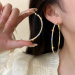 7cm Big Round Golden Crystal Stainless Steel Women Fashion Jewelry Hoop Earrings