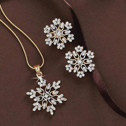 Gold Plated Snowflake Big Pendant Necklace Earrings Jewelry Set For Women