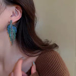 Glamorous Multi Color Blue Green Crystal Long Leaf Tassel Fashion Statement Earrings