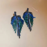 Glamorous Multi Color Blue Green Crystal Long Leaf Tassel Fashion Statement Earrings