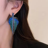 Glamorous Multi Color Blue Green Crystal Long Leaf Tassel Fashion Statement Earrings