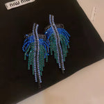 Glamorous Multi Color Blue Green Crystal Long Leaf Tassel Fashion Statement Earrings