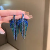 Glamorous Multi Color Blue Green Crystal Long Leaf Tassel Fashion Statement Earrings