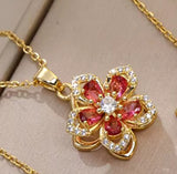 Luxury Pink Zircon Fashion Rotatable Flower Clover Pendant Gold Color Necklace