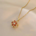 Luxury Pink Zircon Fashion Rotatable Flower Clover Pendant Gold Color Necklace