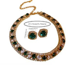 Luxurious Dark Green Gold Crystal 2 Tone Choker Necklace Stud Earrings Elegant Women Jewelry Set