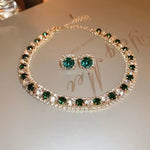 Elegant Sleek Emerald Green Crystal Choker Necklace & Earrings Jewelry Set for Women