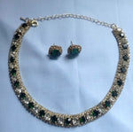 Luxurious Dark Green Gold Crystal 2 Tone Choker Necklace Stud Earrings Elegant Women Jewelry Set