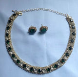 Luxurious Dark Green Gold Crystal 2 Tone Choker Necklace Stud Earrings Elegant Women Jewelry Set