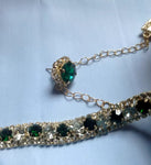 Luxurious Dark Green Gold Crystal 2 Tone Choker Necklace Stud Earrings Elegant Women Jewelry Set