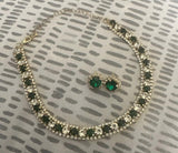 Luxurious Dark Green Gold Crystal 2 Tone Choker Necklace Stud Earrings Elegant Women Jewelry Set