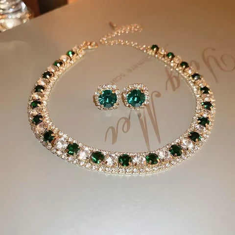 Luxurious Dark Green Gold Crystal 2 Tone Choker Necklace Stud Earrings Elegant Women Jewelry Set