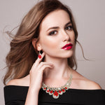 3pc Bridal Fashion Jewelry Set Chunky Luxury Red Crystal Necklace and Earrings