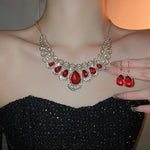 3pc Bridal Fashion Jewelry Set Chunky Luxury Red Crystal Necklace and Earrings