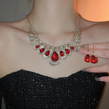 3pc Bridal Fashion Jewelry Set Chunky Luxury Red Crystal Necklace and Earrings