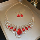 3pc Bridal Fashion Jewelry Set Chunky Luxury Red Crystal Necklace and Earrings