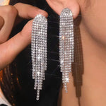 Glamorous Silver Long Tassel Crystal Statement Drop Dangle Earrings for Women